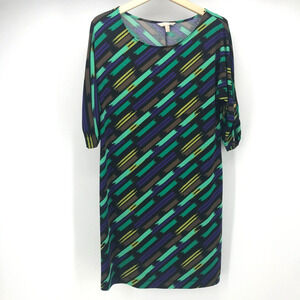 Banana Republic Dress Womens Small Blue Black Green Shift 3/4 Roll Tab Sleeve